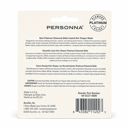 Back of a Persona brand hair shaper package or insert card, showing product text, a circular diamond logo, barcode, and AccuTec Inc. contact information on a white background.