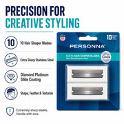 PERSONNA 10-piece hair shaper blades in retail blister packaging, with marketing text on the left highlighting precision for creative styling, extra sharp stainless steel blades, diamond platinum glide coating, and shape/feather/texturize capability.