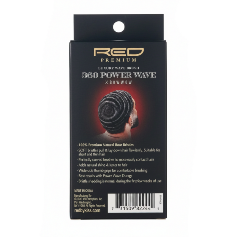 Packaging of a RED Premium 360 Power Wave luxury wave brush with text on a black background.