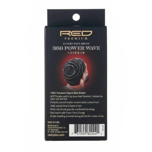 Packaging of a RED Premium 360 Power Wave luxury wave brush with text on a black background.