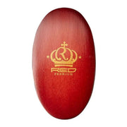 Red wooden object with gold logo and text on a white background