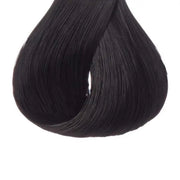 A close-up of a hair swatch showing straight, glossy black hair against a plain white background.