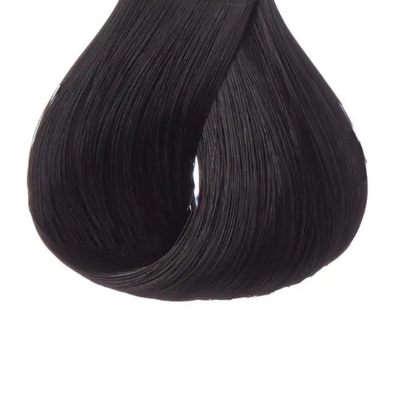 A close-up of a hair swatch showing straight, glossy black hair against a plain white background.