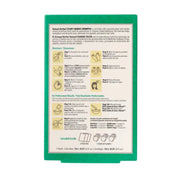 The back of a green shampoo bottle showing product information, directions with illustrated steps, and included contents on a white background.