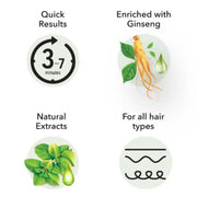 Four circular infographic icons on a white background with text reading 'Quick Results' showing a 3-7 minute mark, 'Enriched with Ginseng' with a ginseng root and green leaves, 'Natural Extracts' with green leaves, and 'For all hair types' with a hair cuticle icon.