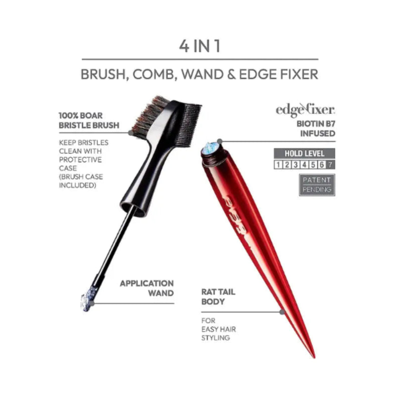 Hair styling tool with brush, comb, wand, and edge fixer features on a white background.