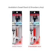 Two packages of 'edge cara' hair styling products with 'RED' branding, one for Sweet Peach and one for Strawberry Acai.