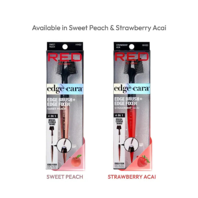 Two packages of 'edge cara' hair styling products with 'RED' branding, one for Sweet Peach and one for Strawberry Acai.