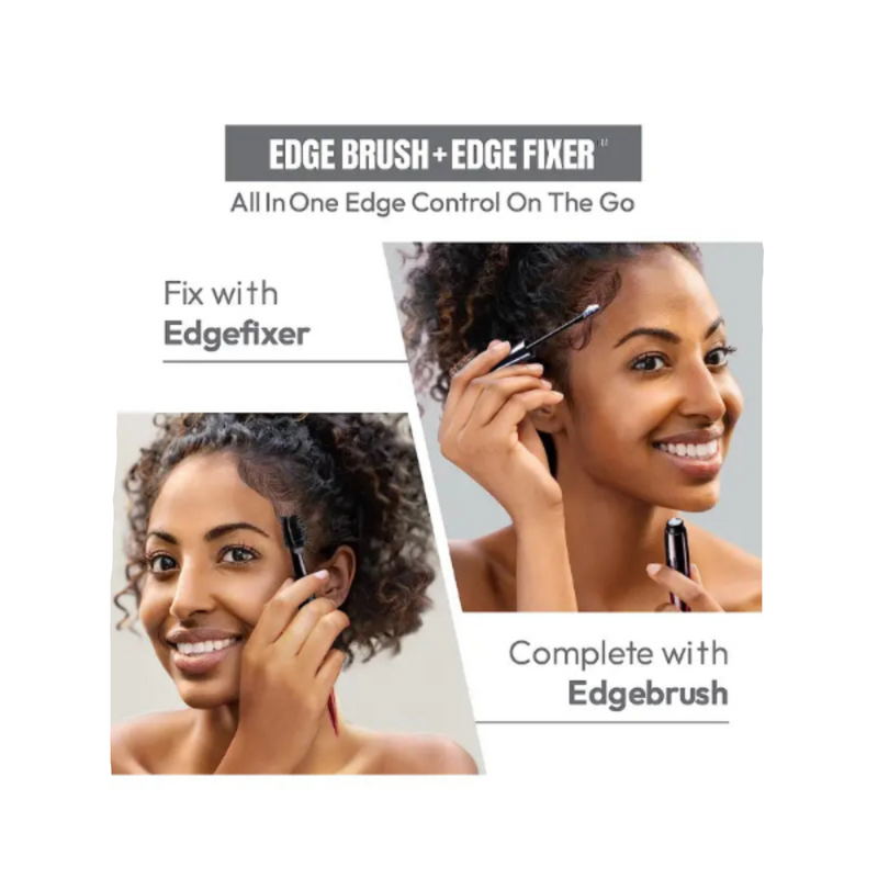 Advertisement for Edge Brush and Edge Fixer with a woman using the product.