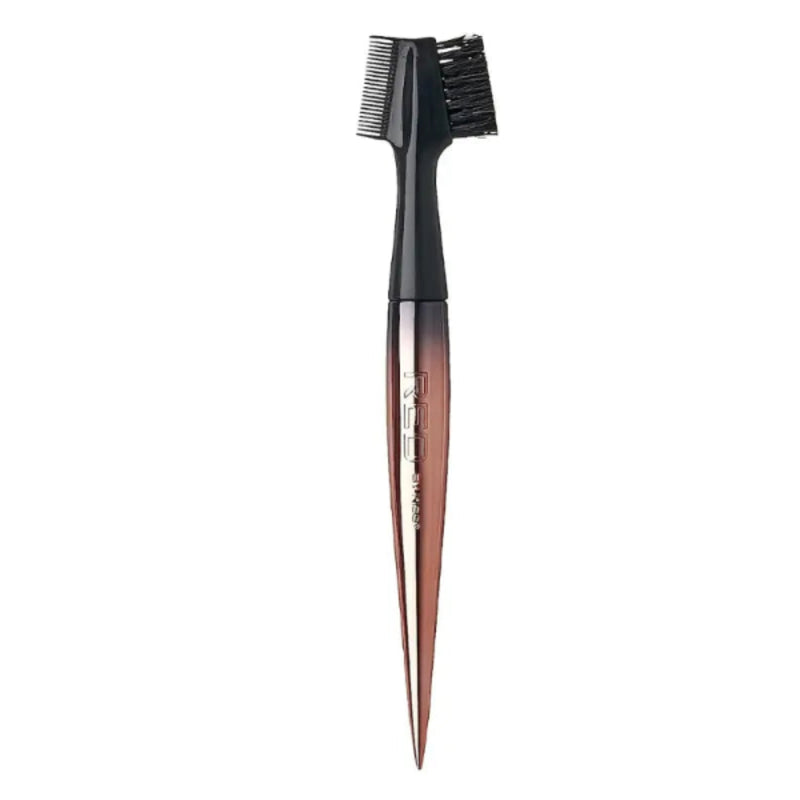 Makeup brush with black bristle head and brown handle on a white background