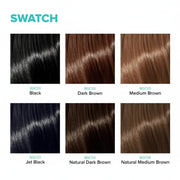 Hair color swatch chart with six different hair color options on a white background.