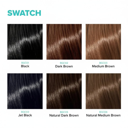 Hair color swatch chart with six different hair color options on a white background.