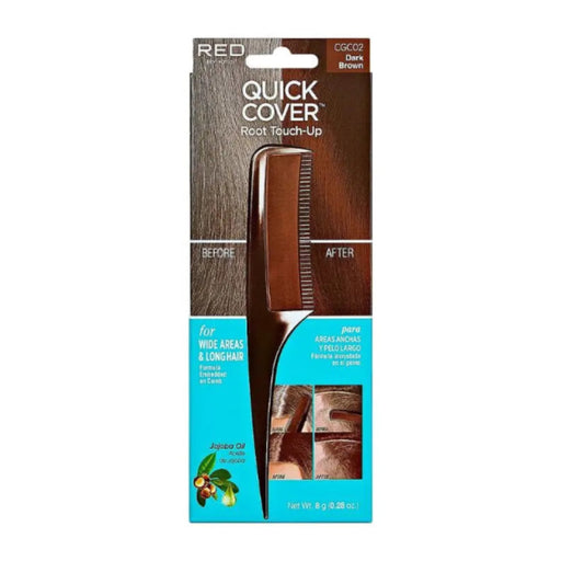 Packaged hair product with comb and 'Quick Cover' branding on a white background