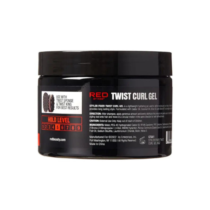 Black jar of Red Twist Curl Gel with label on a white background