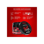 Hair gel product with features and branding on a red background