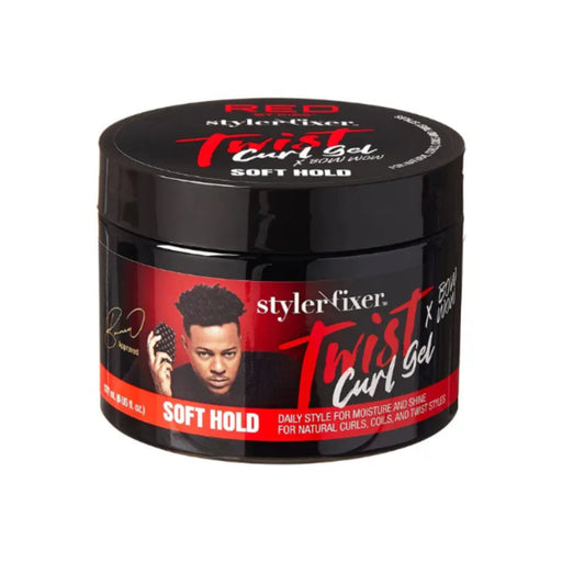 Jar of Styler Fixer Twist Curl Gel with branding and product details on a white background