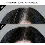 Before-and-after comparison of a hair parting cover, showing a black hairpiece or hair extension attachment on top of dark hair in the 'before' panel and the blended result in the 'after' panel, with text reading 'SEE INSTANT MAGIC OF QUICK COVER'.