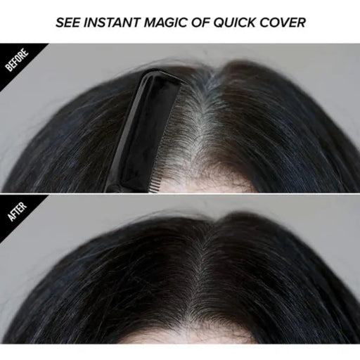 Before-and-after comparison of a hair parting cover, showing a black hairpiece or hair extension attachment on top of dark hair in the 'before' panel and the blended result in the 'after' panel, with text reading 'SEE INSTANT MAGIC OF QUICK COVER'.