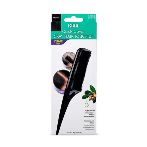 Kiss Me Hair Gray Hair Touch Up Comb in Black, shown in its retail packaging against a white background.