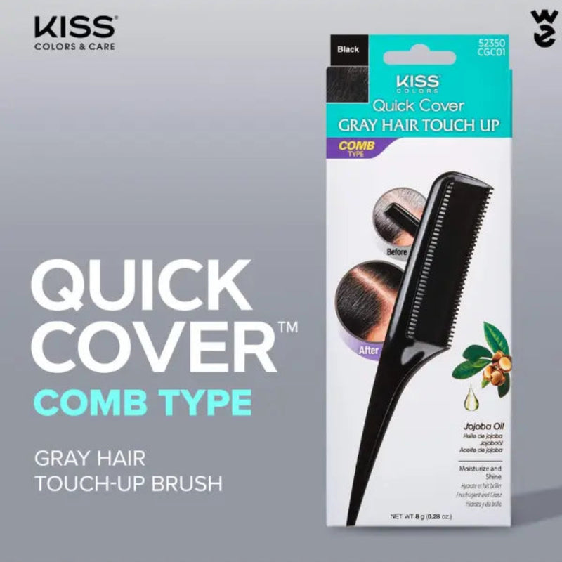 Kiss Quick Cover Gray Hair Touch-Up Brush in Comb Type, featuring a black comb on its retail packaging against a gray background.