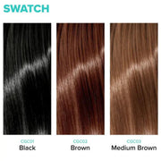 Three hair color swatches labeled CGC01 Black, CGC02 Brown, and CGC03 Medium Brown under the heading 'SWATCH' on a white background.