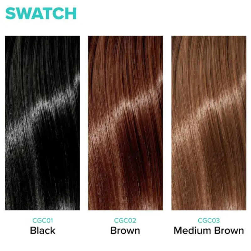 Three hair color swatches labeled CGC01 Black, CGC02 Brown, and CGC03 Medium Brown under the heading 'SWATCH' on a white background.