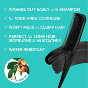 Promotional graphic for a black hair applicator brush and comb set, featuring a black brush, a black comb, and a black hair stroke on a bright turquoise background with white text listing benefits such as easy wash-out with shampoo, wide-area coverage, no clumping, and water resistance. A circular Jojoba Oil logo is shown in the lower left.