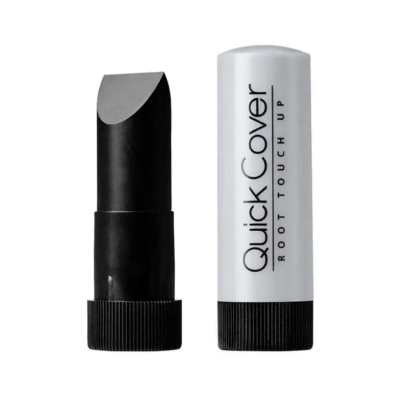 Black lipstick and 'Quick Cover' root touch-up stick on a white background
