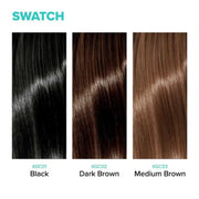 Hair color swatch chart with black, dark brown, and medium brown hair samples.