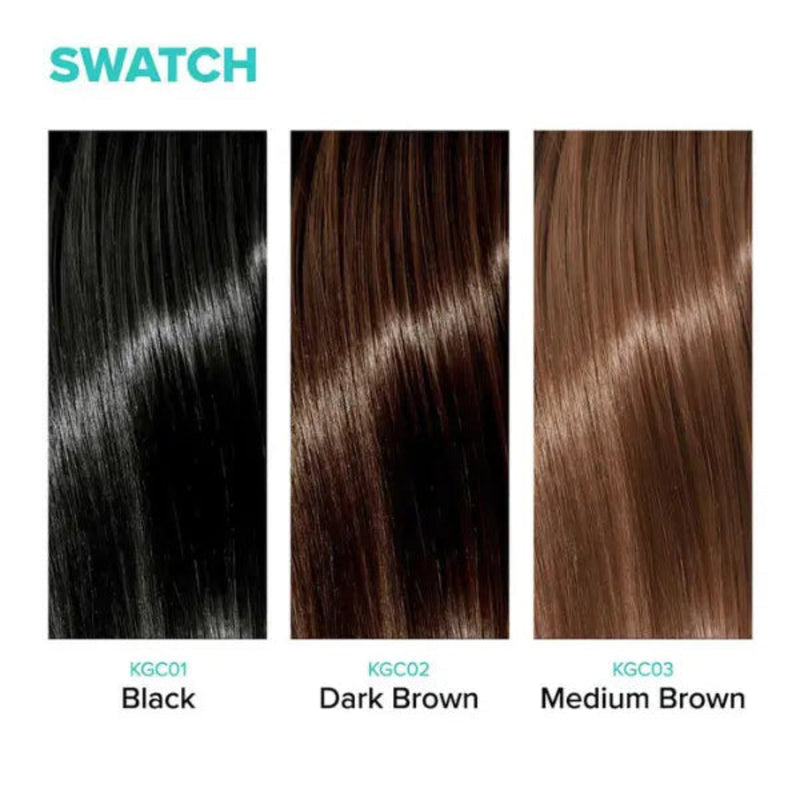 Hair color swatch chart with black, dark brown, and medium brown hair samples.
