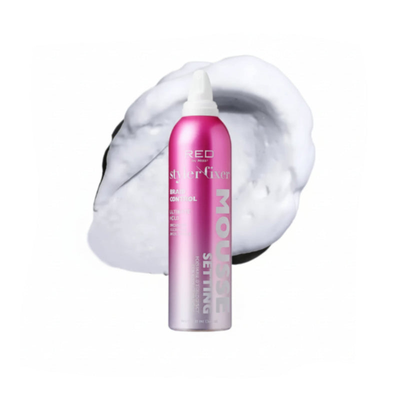 Pink hair spray can with white foam on a white background