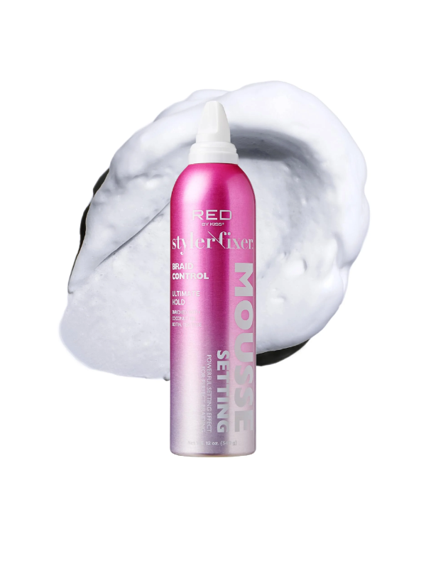 Pink hair spray can with white foam on a white background