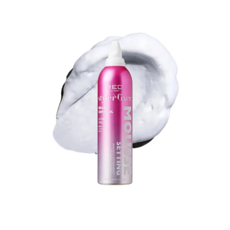 Pink hair spray can with white foam on a white background