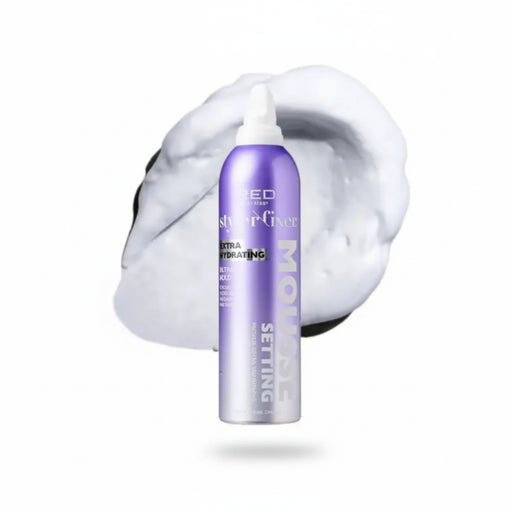 Purple hair product bottle with white cap on a white background