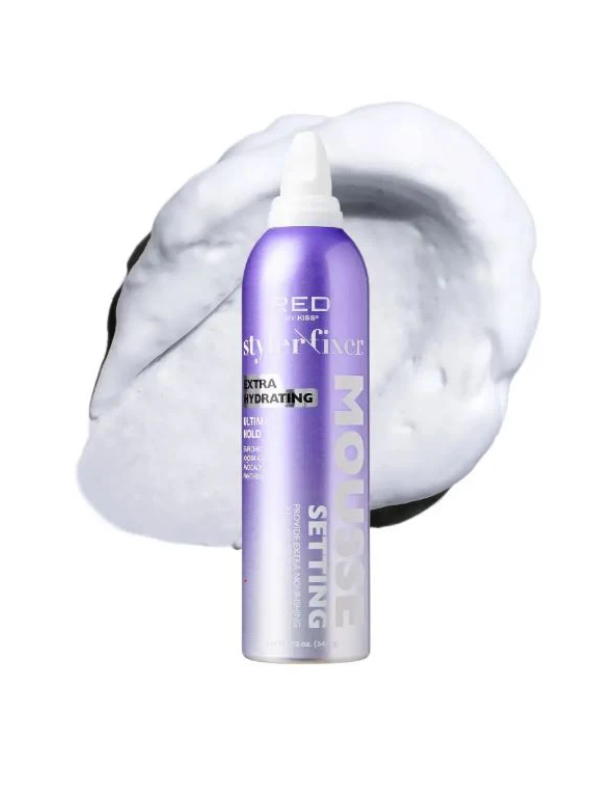 Purple bottle of setting spray with white foam on a white background