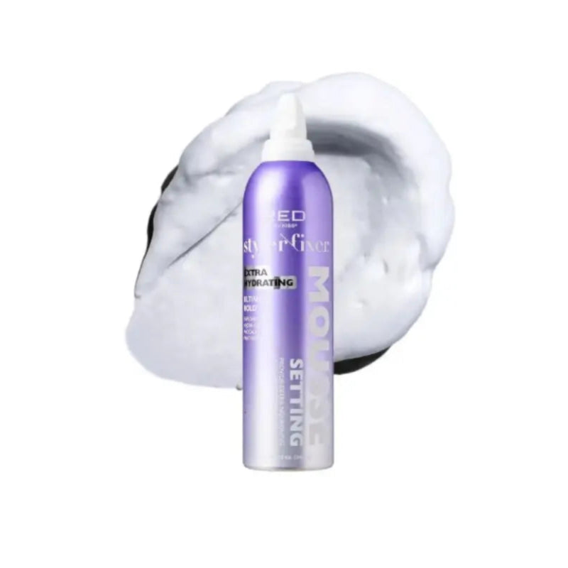 Purple hair product bottle with white cap on a white background