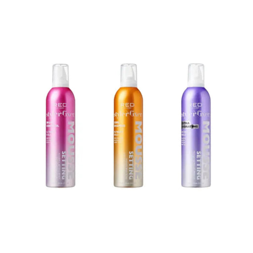 Three bottles of Redken Mouse Setting hair product on a white background