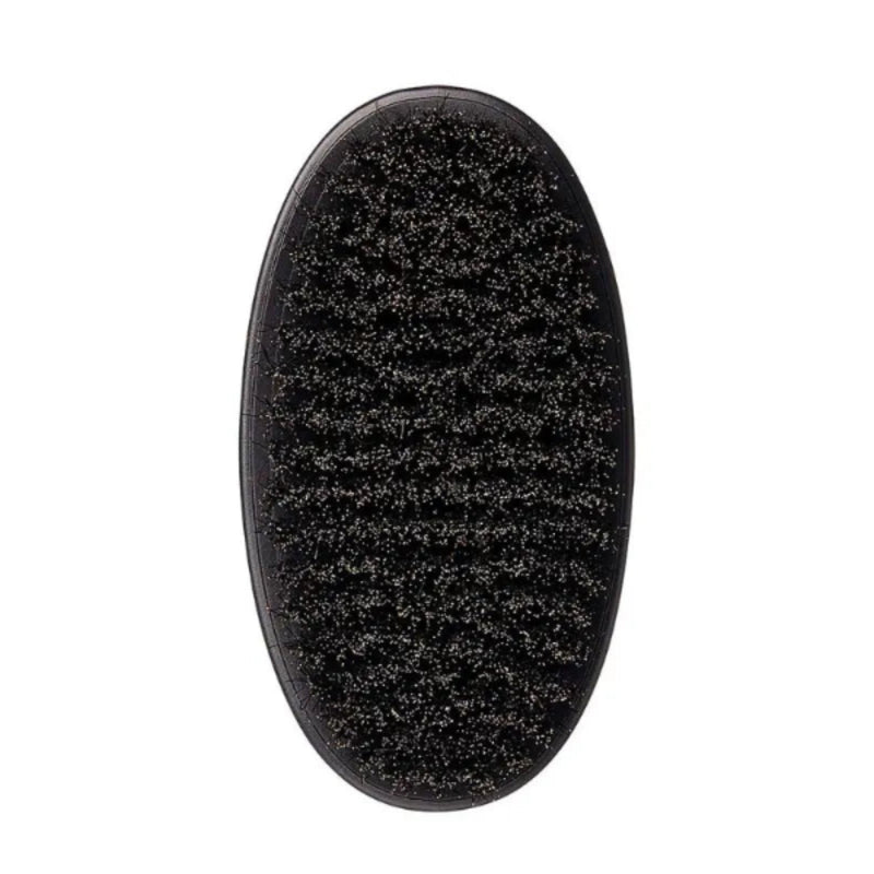 A close-up of a black oval brush head with dense, fine bristles, shown against a plain white background.