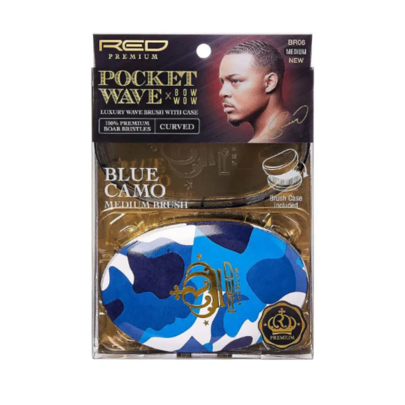 Blue camo hairbrush in packaging with brand logo and text