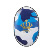 Blue and white camouflage case with a gold logo on a white background
