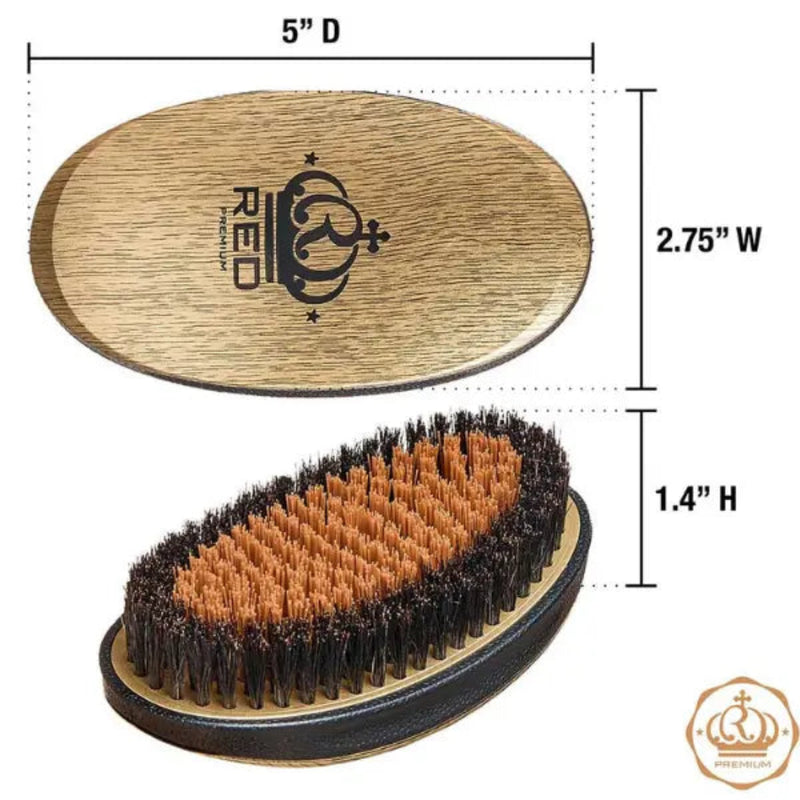 An oval hair brush shown with dimension annotations: top view labeled 5" D and 2.75" W, and side view labeled 1.