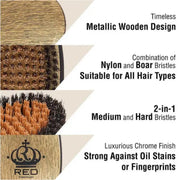 A promotional graphic for a wooden hairbrush showing four close-up product panels with text callouts: metallic wooden design, nylon and boar bristles combination, medium and hard bristles, and a chrome finish with the RED PRECIUM logo.
