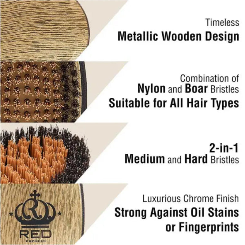 A promotional graphic for a wooden hairbrush showing four close-up product panels with text callouts: metallic wooden design, nylon and boar bristles combination, medium and hard bristles, and a chrome finish with the RED PRECIUM logo.
