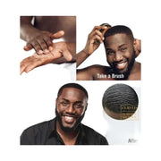A four-panel collage demonstrating beard hair waxing: two panels show a man's hands applying wax and brushing the hair, and two panels show a smiling man with a trimmed, curved, and well-defined beard alongside a circular close-up of the waxed hair texture. Text overlays read 'Apply Wax,' 'Take a Brush,' and 'After.