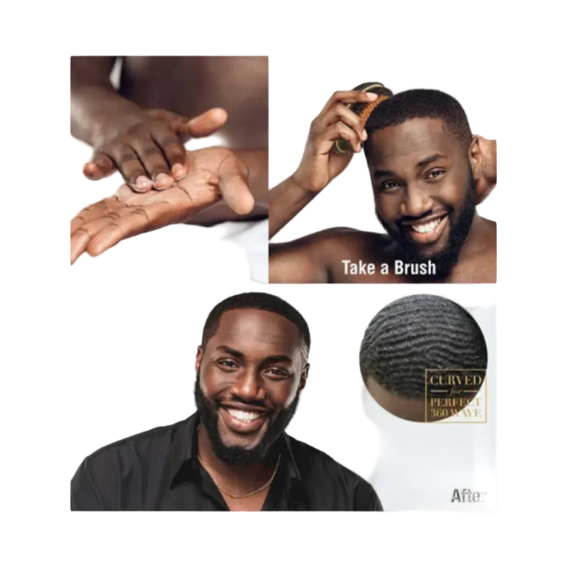 A four-panel collage demonstrating beard hair waxing: two panels show a man's hands applying wax and brushing the hair, and two panels show a smiling man with a trimmed, curved, and well-defined beard alongside a circular close-up of the waxed hair texture. Text overlays read 'Apply Wax,' 'Take a Brush,' and 'After.