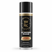 A can of Royal Kapper Clipper Care Cherry Bourbon fragrance for clipper, trimmers, featuring a black label with gold and white lettering and a black cap, set against a plain white background.