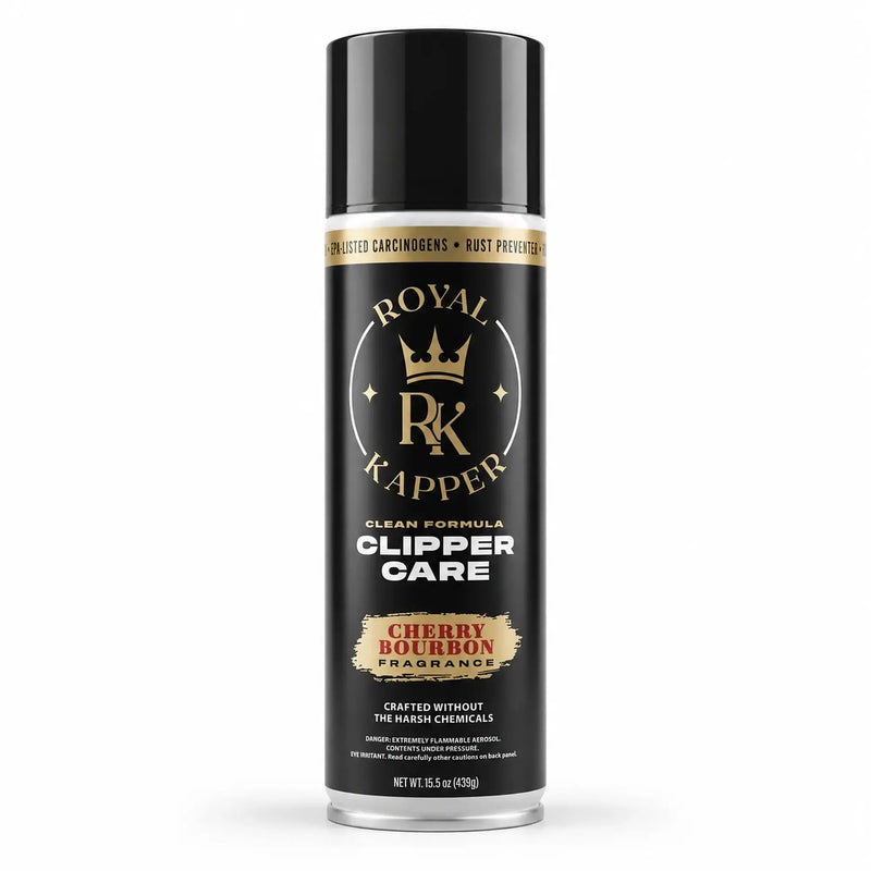 A can of Royal Kapper Clipper Care Cherry Bourbon fragrance for clipper, trimmers, featuring a black label with gold and white lettering and a black cap, set against a plain white background.