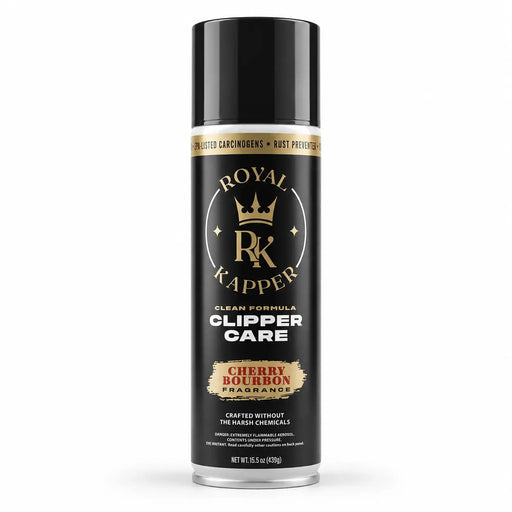 A can of Royal Kapper Clipper Care Cherry Bourbon fragrance for clipper, trimmers, featuring a black label with gold and white lettering and a black cap, set against a plain white background.