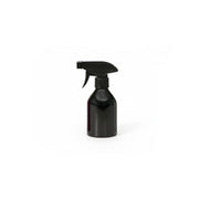 A glossy black plastic spray bottle with a trigger sprayer, isolated on a white background.