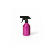 A metallic magenta pink spray bottle with a black trigger sprayer, isolated on a white background.